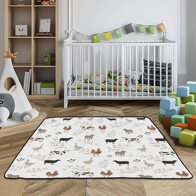 Baby Play Mat Farm Cow Rooster Goose 50 x 50 Playpen Mats for Floor Play Gym Crawling Mat Non-Slip Cushioned Baby Playmat for Infants, Babies, Toddlers