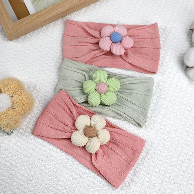 MIUXUESO 3 Pcs Baby Flower Headbands Baby Girls Nylon Headbands Soft Hairbands Hair Accessories for Newborn Infant Toddler Kids (Rose Pink Green)