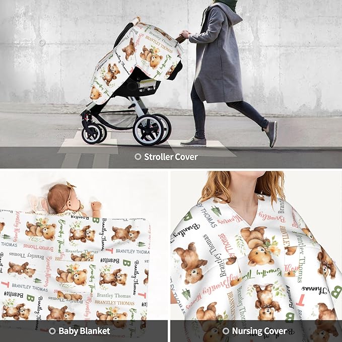 Custom Baby Car Seat Canopy Personalized Car Seat Covers with Name for Baby Boys Girls Customized Bear Nursing Breastfeeding Cover Infant Carseat Canopies Newborn Minky Baby Blanket