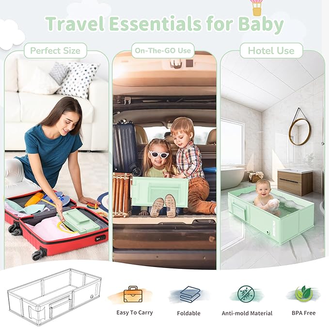 YomauiYee Baby Bathtub Green, Converts Shower to Tub, Foldable Toddler Tub with Rinse Cup, No Assembly Easy to Clean, Portable Collapsible Bath Tub for 6M-5Y, Travel Camping Hotel