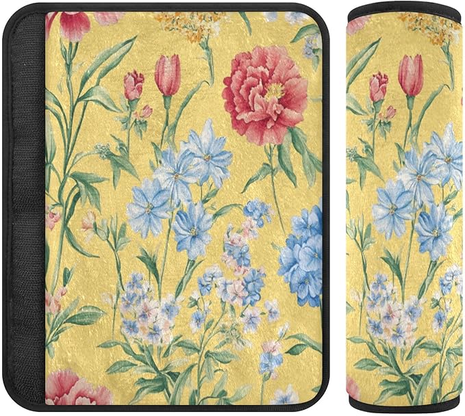 Car Seat Belt Pads Covers 2 Piecing Soft Child Safety Seat Shoulder Strap Cover for Women Men Kids M Florals Carnation Delphinium Flower Yellow