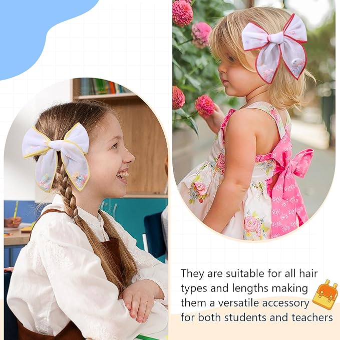 CN 6 PCS Back to School Tulle Hair Bows for Girls, Pencil Bows with Glitter Letter Alligator, Colorful School Hair Barrettes Yellow Hair Ornaments Accessories for Little Girls Toddler Teens