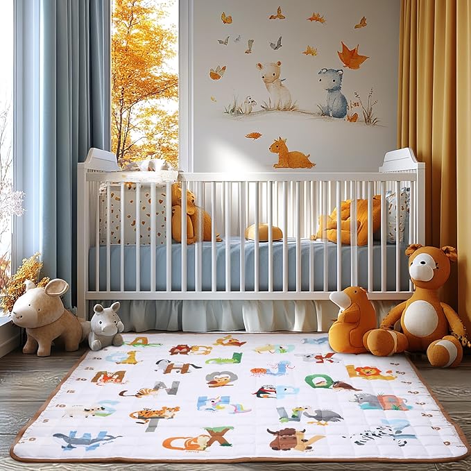 Percozzi Animal Baby Play Mat, ABC Alphabet, Words and Shapes Educational Learning & Fun, 50" X 50" Baby Playpen Mat, Animal Toddler Play Mat, Crawling Mat for Babies, Foldable Baby Play Gym Mat