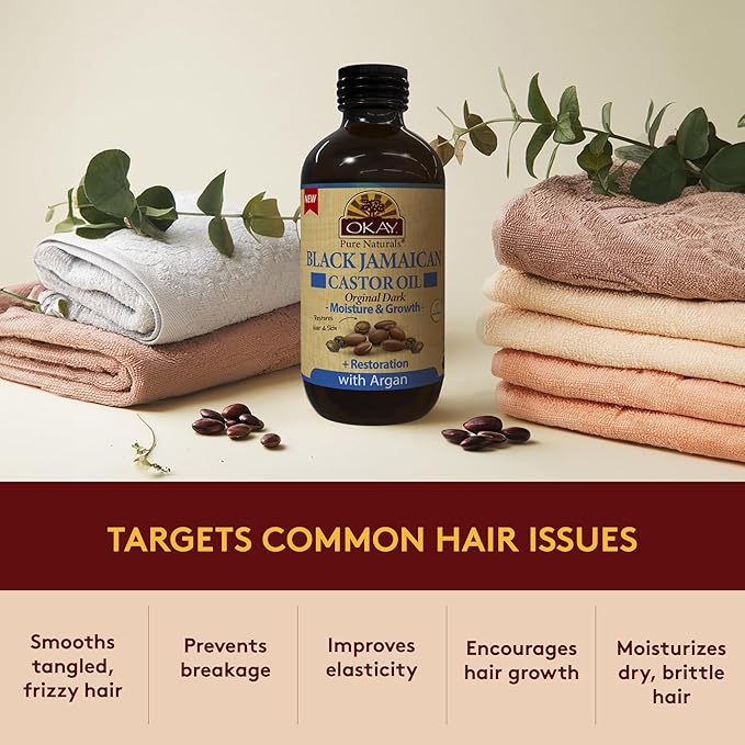 Okay Pure Naturals Black Jamaican Castor Oil with Argan Oil - Castor Oil for Hair Growth, Moisture for Skin, Face, Scalp, Eyelashes, Eyebrows, for Men & Women - 4 Fl Oz Glass Bottle (2 Pack)