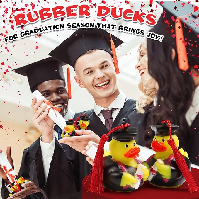 Lewtemi 12 Pcs Red Graduation Diploma Rubber Ducks 2026 Grad Rubber Duck Graduation Duck Bulk Cake Topper for Student Bathtub Swimming Pool Theme Party Favors, 2.5 x 2.5 x 2 Inch