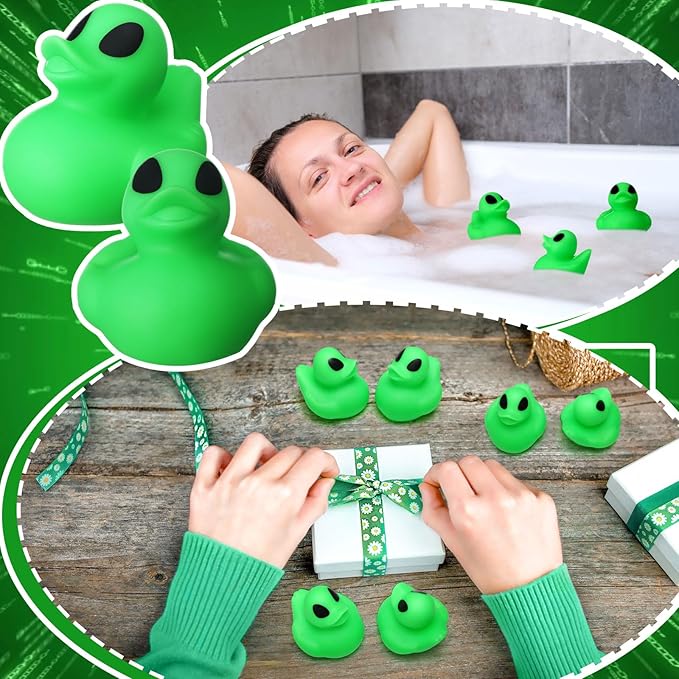 Leyndo 24 Pcs Alien Rubber Duck Bulk for Gifts Alien Birthday Party Supplies Squeaky Green Duck for Adults Floating Pool Bathtub Party Supplies