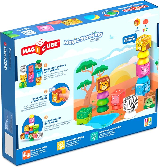 Geomag Magicube Magnetic Blocks, 16 Large Magnetic Cubes Safari Animals STEM Toy, Sensory Toys for Toddlers 1-3, Building Blocks for Kids, Fun Toddler Toys 1-2 yrs