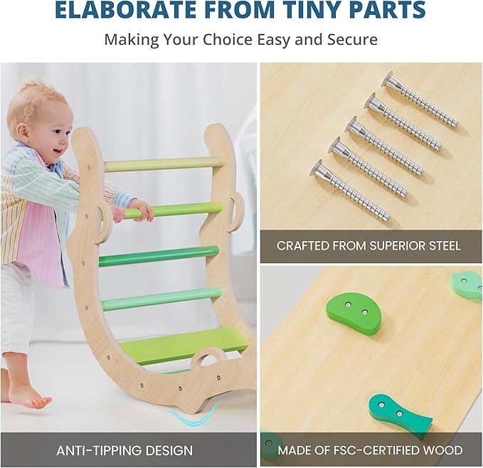 BlueWood Pikler Triangle Set, Toddler Wooden Climbing Toys Indoor 7in1 Foldable Climber for Kids, Montessori Philosophy Play Jungle Gym with Arch, Ramp, Ladder (Green Summer)