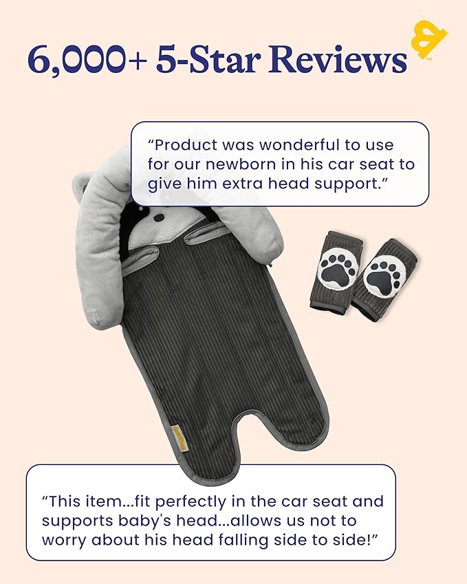 GoldBug Deluxe 2-in-1 Duo Head Support + Matching Strap Covers for Baby and Infant Car Seats - Raccoon