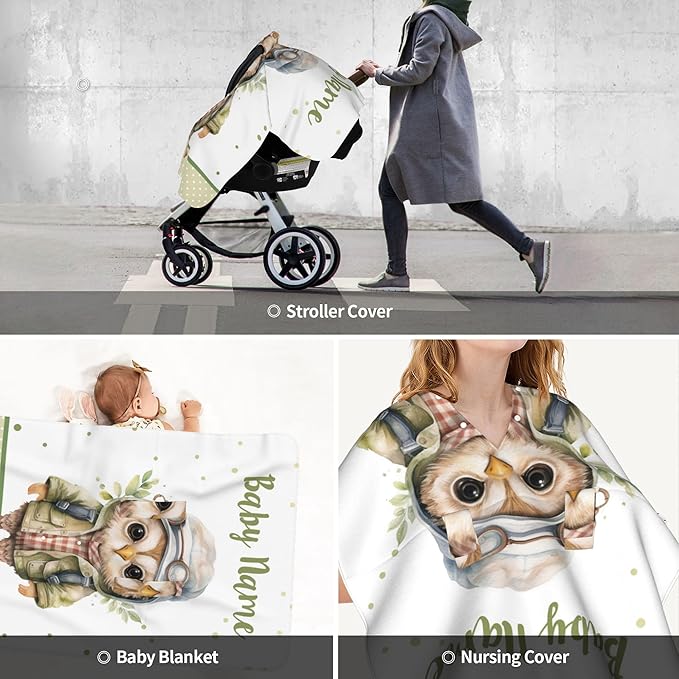 Winter Carseat Cover for Baby Personalized Owl Baby Car Seat Cover with Name Custom Minky Car Seat Canopy Boys Girls Infant Carrier Covers Nursing Cover Toddler Blanket