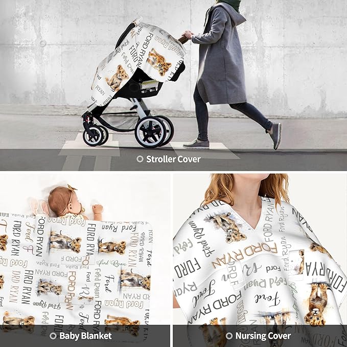Personalized Winter Baby Car Seat Cover with Name Lion Winter Car Seat Cover for Baby Seat or Stroller Custom Infant Car Seat Covers Minky Blankets Nursing Cover Breastfeeding Scarf