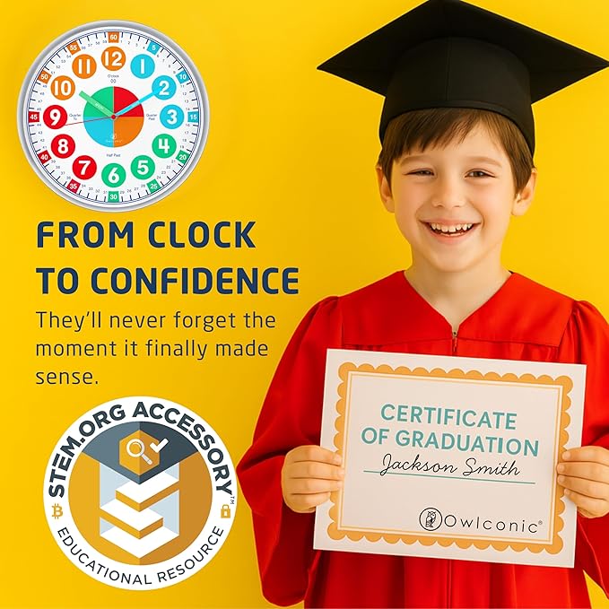 OWLCONIC Clock for Kids – Educational Analog Learning Wall Clock, Non Ticking Teaching Clock for Classroom & Homeschool, Silent Kids Bedroom Décor Bright