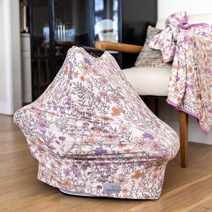Baby Car Seat Cover Canopy and Nursing Cover Multi-Use Stretchy 5 in 1 Gift "Flora" by Copper Pearl