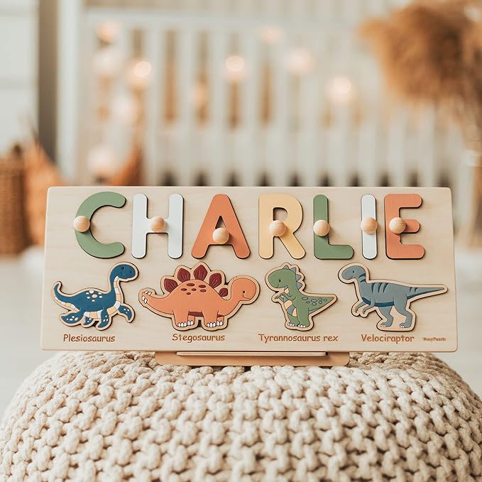 Name Puzzle with Dinosaurs Name Puzzle for 1 Year Old Busy Board Montessori Toys Baby Shower Baby Toy Personalized Gifts for Baby Handmade Puzzles