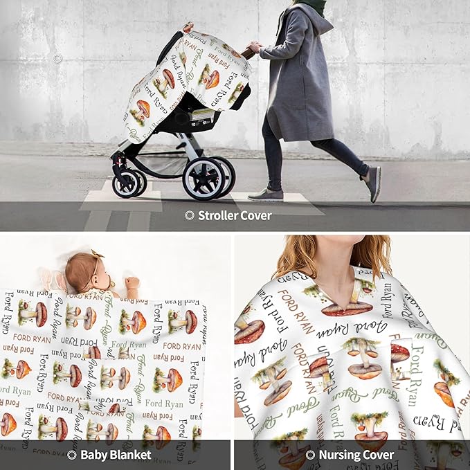 Personalized Baby Car Seat Canopy with Name Custom Minky Mushroom Car Seat Covers Nursing Cover for Breastfeeding Multi-Use Cover Infant Carrier Carseat Winter Cover for Newborn Girls Boys
