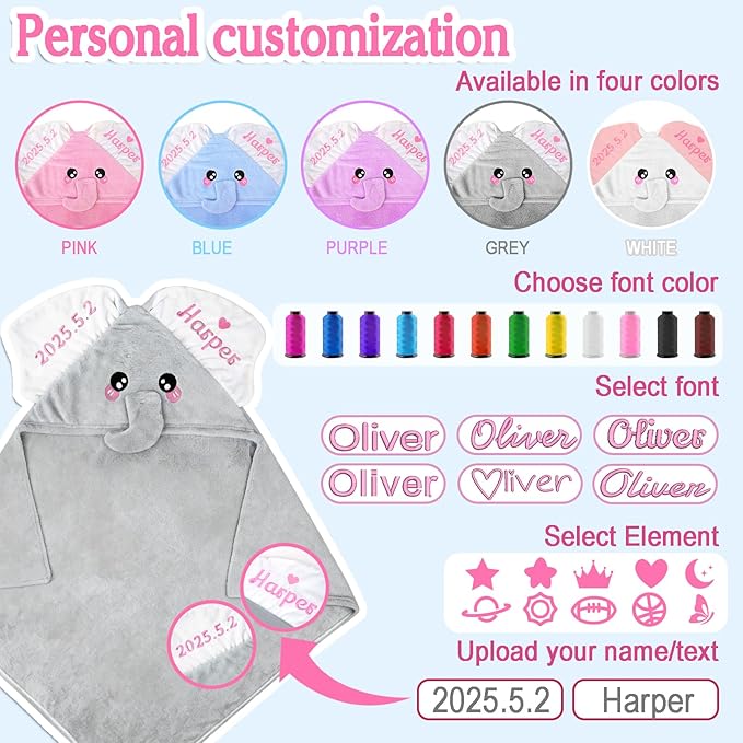 Custom Hooded Baby Towels with Name, Personalized Bunny Easter Gifts for Toddlers, Custom Baby Bath Towels for Newborn, Ultra Soft and Absorbent, Ideal for Girl Boy (Elephant)