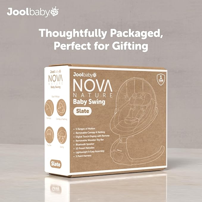 Jool Baby Nova Nature Baby Swing for Newborns with Natural Wood Toys, Electric Motorized Infant Swing, Bluetooth Music, Remote (Slate)