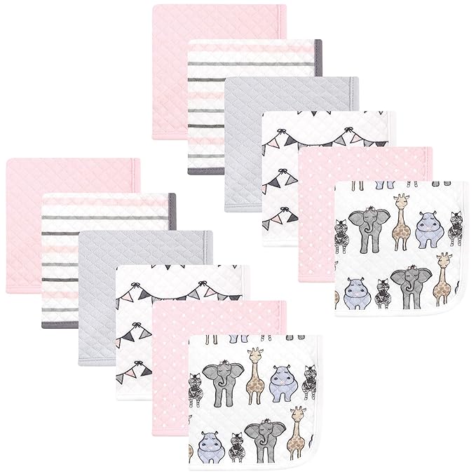 Hudson Baby Unisex Baby Quilted Cotton Washcloths, Pink Safari, One Size