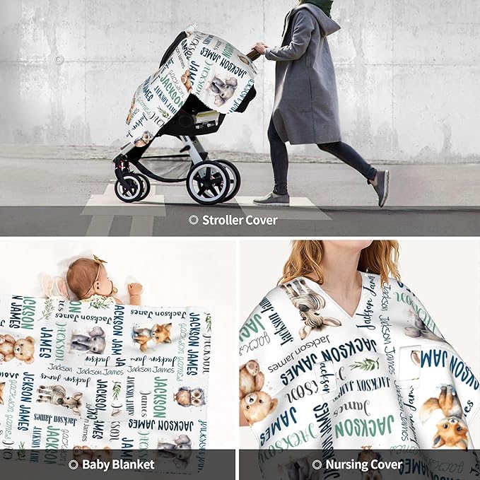 Personalized Baby Car Seat Cover Winter Custom Minky Carseat Cover Boy Girls with Name Woodland Carseat Canopy Customized Car Seat Canopy Infant Carrier Covers Nursing Cover Toddler Blanket