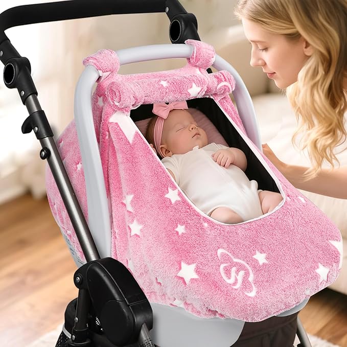 Car Seat Cover Baby Girls Boys, Soft Flannel Infant Carseat Cover with 2 Zipper Windows, Star Carrier Cover Canopy Glow in The Dark, Comfortable & Machine Washable, Hot Pink