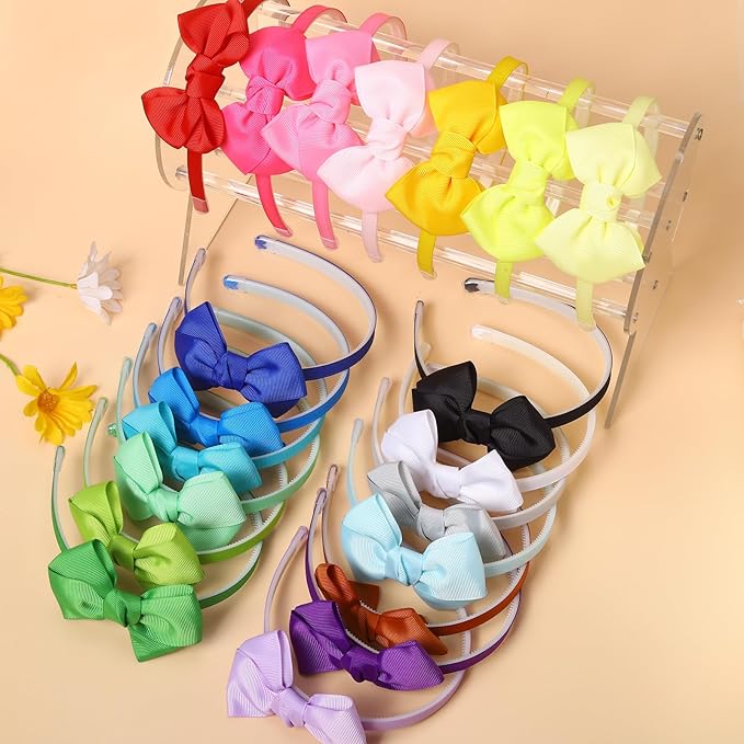 Grosgrain Ribbon Headbands with Bows for Toddler Girls and Babies, Includes Hair Hoops (20Pcs Hair Accessories)