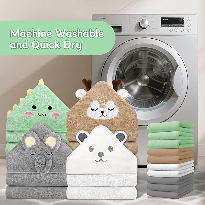 14 PCS Baby Towels Set, 4 PCS Soft Baby Hooded Towels & 10 PCS Washcloths, Baby Bath Towels for Newborns, Infants & Toddlers, Ultra Absorbent, Cute Baby Towel Gift for Boys