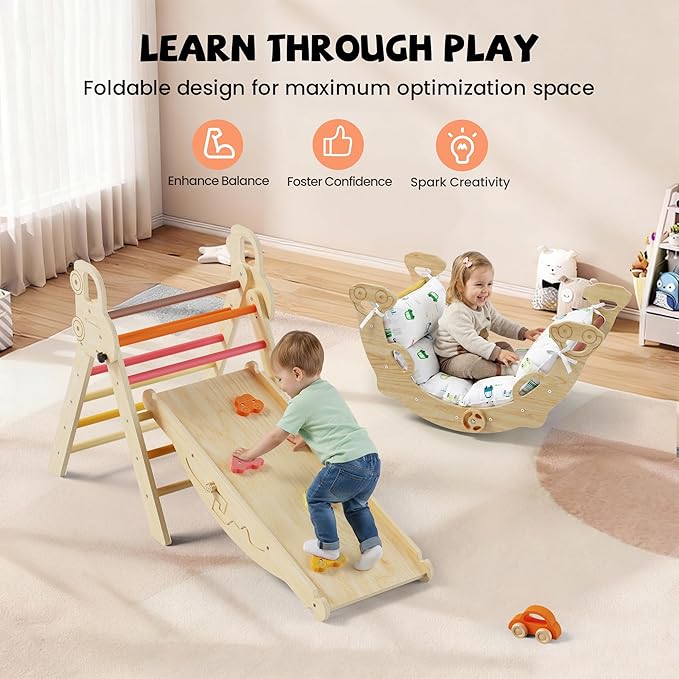 Pikler Triangle Climbing Set with Cushion, Foldable Climbing Toys Indoor, Montessori Toddler Gym, 10-in-1 Climber & Playground, Gift for Christmas, Birthday, New Year (Sahara Sunset)