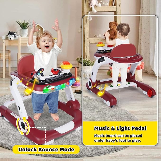 TODEFULL 6 in 1 Baby Walker, Baby Activity Walker for Toddler, Push Walker w/Adjustable Height Speed, Learning-Seated & Walk-Behind, Infant Walker w/Feeding Tray & Music Toys, Red