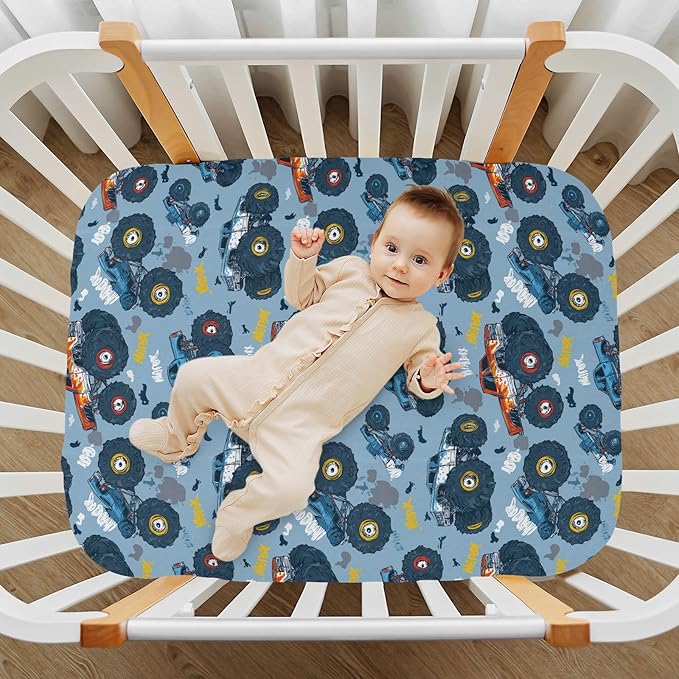 Baby Crib Sheet Monster Truck Cars Crib Mattress for Boys and Girls Playard Sheet Soft Breathable Fitted Baby Mattress Cover 52x28in