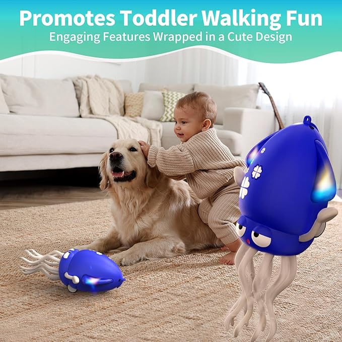 Interactive Dancing Octopus Toy,LED Light-Up Music Crawling Squid with Smart Obstacle Avoidance & Fishing Rod,Tummy Time Baby Toy (Blue)