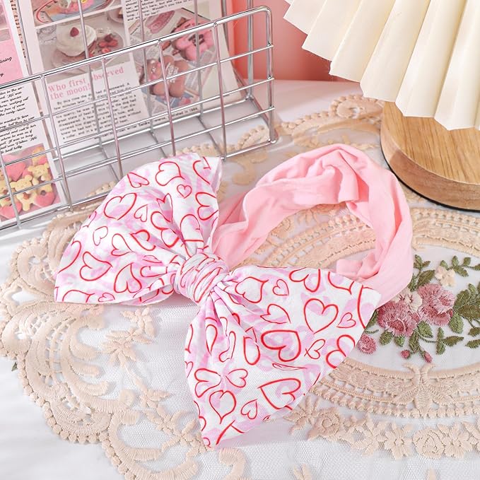 Valentine's Day Baby Bow Headbands for Girls Handmade Pink Love Heart Soft Nylon Baby Hairbands Head Wrap Hair Accessories for Infant Toddler Kid 2Pcs