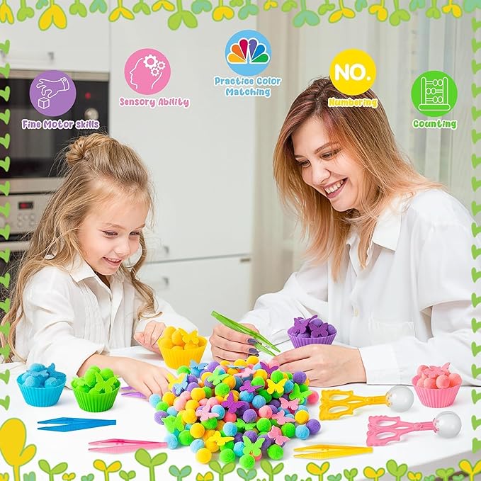 EZdhuawuse Spring Butterfly Sensory Bin Fillers - 268Pcs Easter Butterfly Fine Motor Skills Toys Color Counting Sorting Set for Kids, Felt Decor Pom Poms Cup Clip for Preschool Education Activities