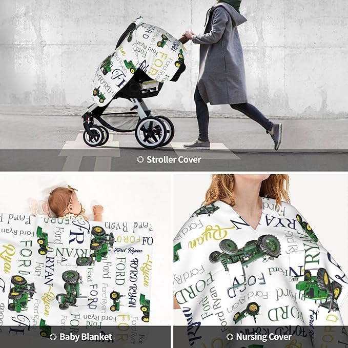 Personalized Car Seat Covers for Babies Custom Name Car Seat Canopy for Newborn Baby Boys Girls Mom Nursing Breastfeeding Covers Farm Tractor Minky Baby Carrier Covers with Peekaboo Opening