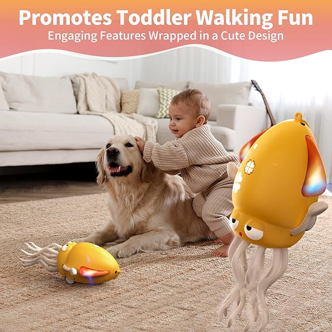 Interactive Dancing Octopus Toy,LED Light-Up Music Crawling Squid with Smart Obstacle Avoidance & Fishing Rod,Tummy Time Baby Toy,Musical Toy for 3 4 5 6 Year Old Boys and Girls(Yellow)