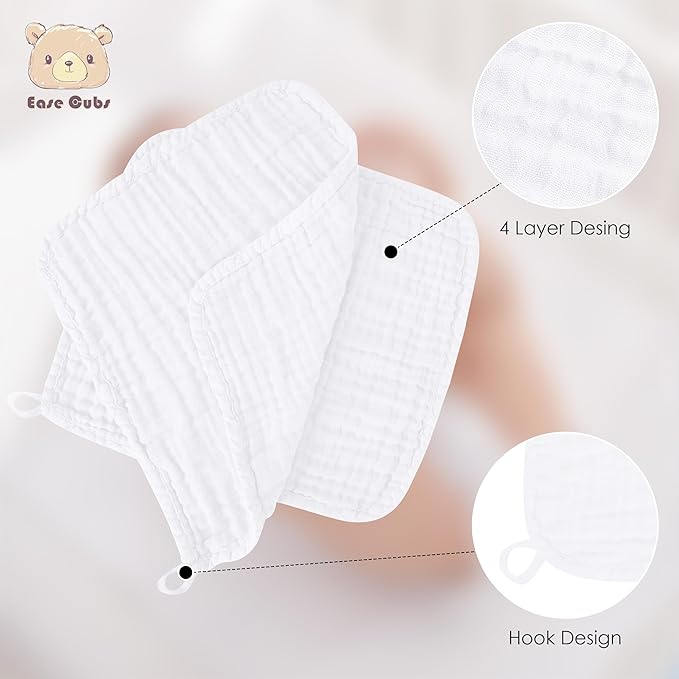 Ease Cubs 12 Pack Muslin Washcloths for Baby - 100% Cotton Baby Wash Cloths for or Baby Face Body Comfy and Soft for Newborn Infants Kids Girls and Boys - 12"x12" - White