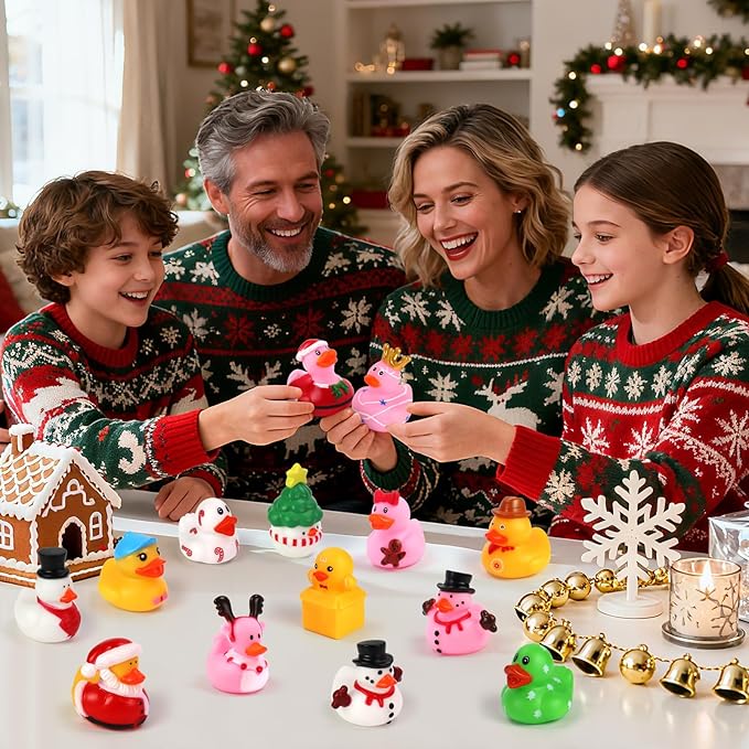 72 Pcs Christmas Rubber Ducks - Holiday Ducks Bag Fillers Ducking, Bathtub Toys, Party Favors, Classroom Game Prizes, Christmas Decorations