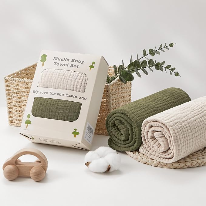 Susurration Hooded Baby Towels for Newborn 2 Pack 100% Muslin Cotton Towel for Babies,Highly Absorbent and Newborn Essential 30x30 Inch Cream&Dark Green