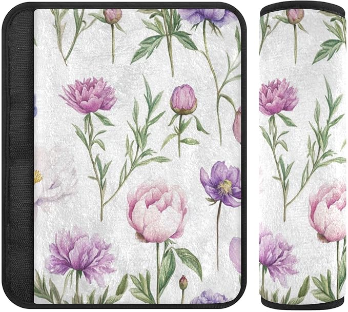 Car Seat Belt Covers 2 Pack Breathable Auto Seatbelt Shoulder Pad for Adults and Kids M Florals Peonies Violet Peonies White