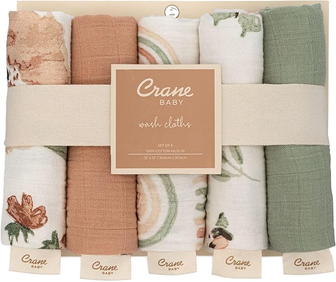 Crane Baby Wash Cloth Set, 100% Cotton, Set of 5 Baby Washcloths, Pink Floral Theme, Newborn Muslin Washcloths, Newborn Baby Gift, Baby Registry Gift