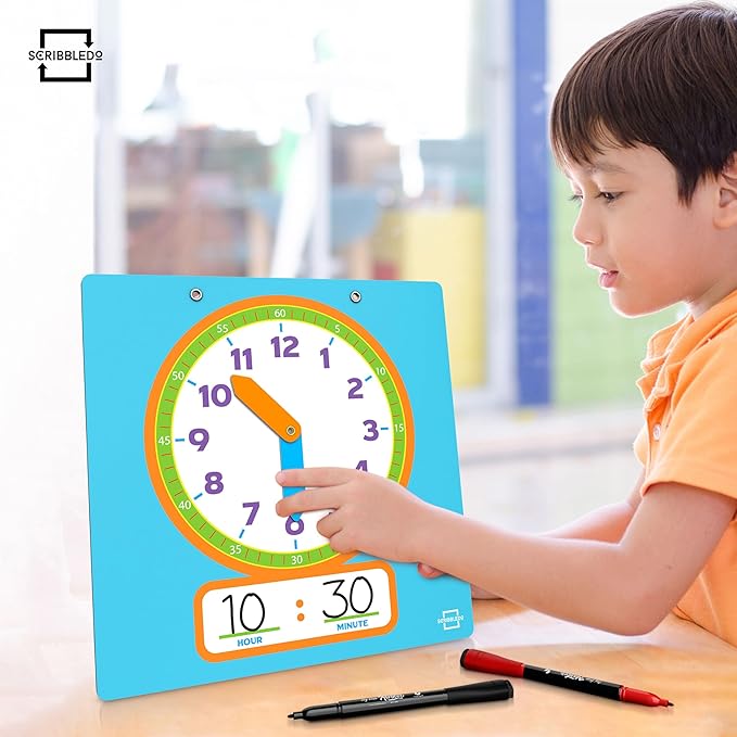 Scribbledo Writable Dry Erase Learning Clock for Kids Write & Wipe Demonstration Clock for Kids Learning to Tell Time Classrooms and Homeschool Supplies