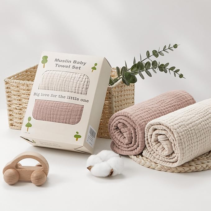 Susurration 2 Pack Thick Muslin Baby Towels, 100% Cotton Soft and Absorbent Baby Bath Hooded Towel for Newborn, Infant, Girls, Boys, Baby Essentials