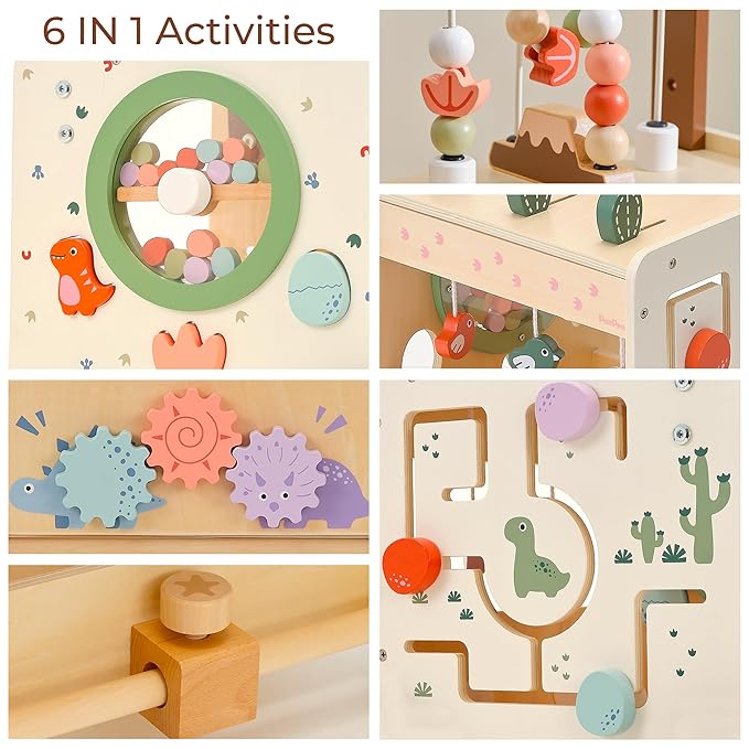 PairPear Wooden Activity Cube Push Walker, 6 in 1 Wooden Baby Walker Montessori Toys for Baby Boys & Girls 12M+, Adjustable Speed Push Cart with Brake Activity Center Toys Learning to Walk