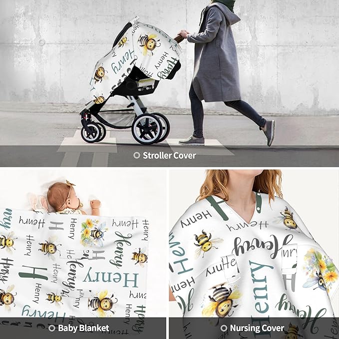 Personalized Baby Car Seat Cover Custom Name CarSeat Canopy Customized Bee Newborn Nursing Breastfeeding Cover Minky Baby Blanket Infant Car Seat Canopies for Baby Girls Boys