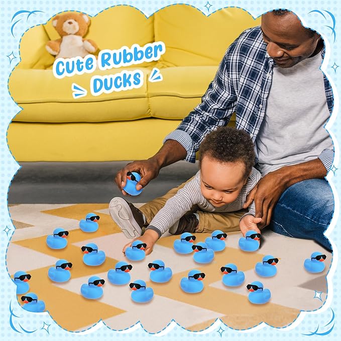 Sosation 36 Packs Mini Rubber Ducks with Sunglasses Sets 2.2 Inch Bath Squeaky Rubber Duckies Cute Float Bathtub Toys for Birthday Party Favors Class Carnival Prizes Car Decor(Blue)