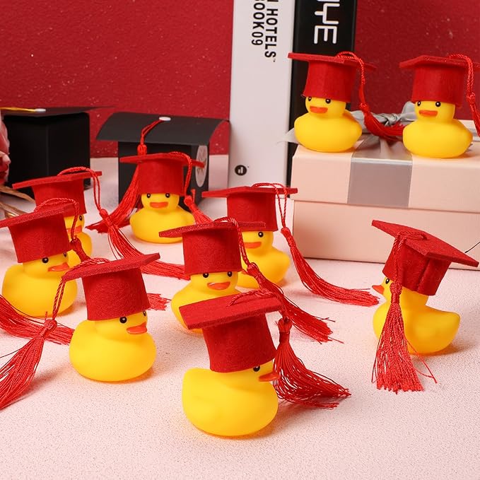 Jerify 48 Pcs Graduation Rubber Ducks with Grad Cap 2026 Diploma Grad Rubber Duck Graduation Party Bath Pool with Storage Bag for Student Gifts Party Favor(Red)