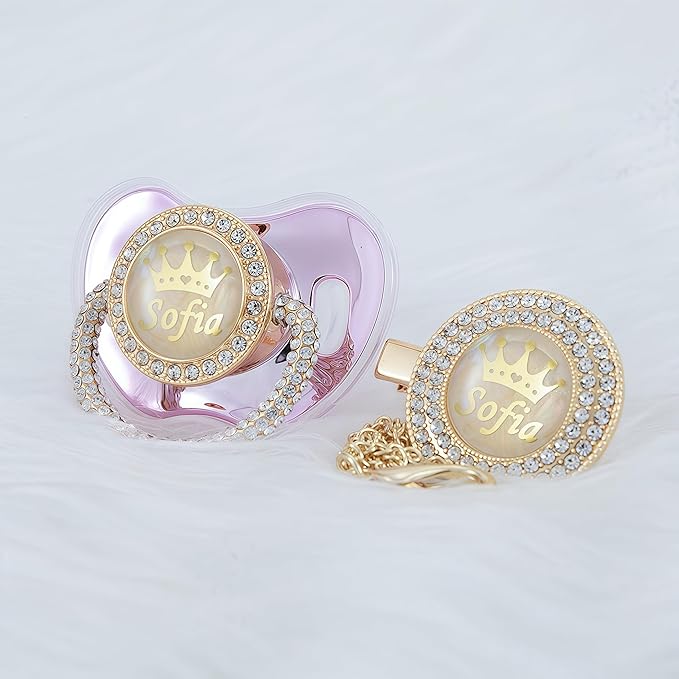 Personalized Name Anniversary All Bling Pacifier and Clip Set Gold Plated New Born Gift Photography No for Daily Use (Gold Pink)