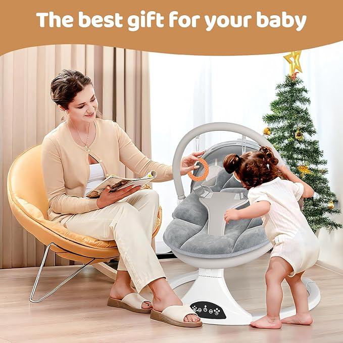 Electric Baby Swing with Remote Control - 5 Natural Motion Speeds, Detachable Seat Pad | Portable Infant Swing for Indoor/Outdoor Use (0-6M, 20lbs) (Gray)