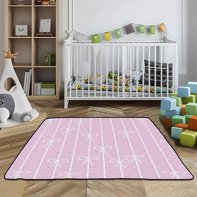 Baby Play Mat Pink White Bows and Stripes 50 x 50 Playpen Mat Baby Play Mats for Floor Play Gym Crawling Mat Non-Slip Cushioned Baby Playmat for Infants, Babies, Toddlers
