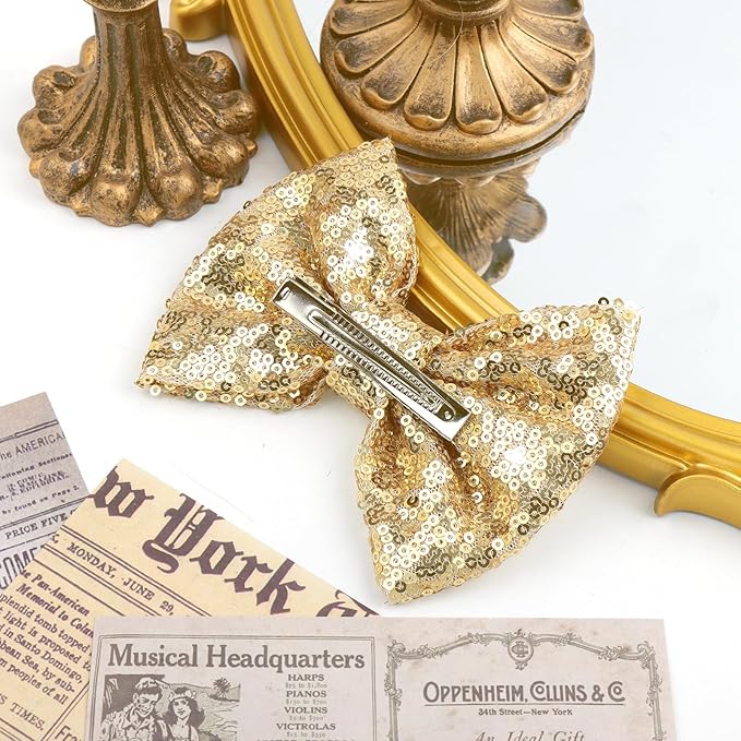 5 inch Glitter Sequin Gold Hair Bows and Clips for Baby Toddler Girls - Big Hair Accessories