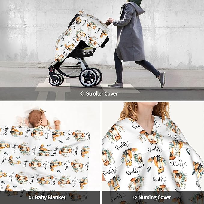 Personalized Winter Carseat Cover for Baby Custom Name Car Seat Canopy for Newborn Baby Boys Girls 2 in 1 Mom Nursing Breastfeeding Covers Fox Minky Baby Carrier Stroller Covers